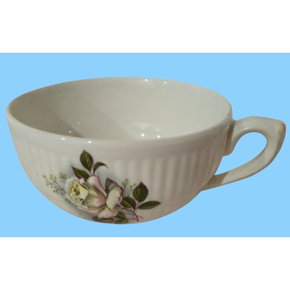 Vintage White Porcelain Tea Cup Wild Rose Floral Ribbed Design Victorian Style